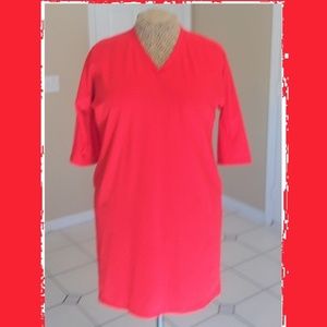 Vibrant Red V-Neck Shirt-Knit Dress
